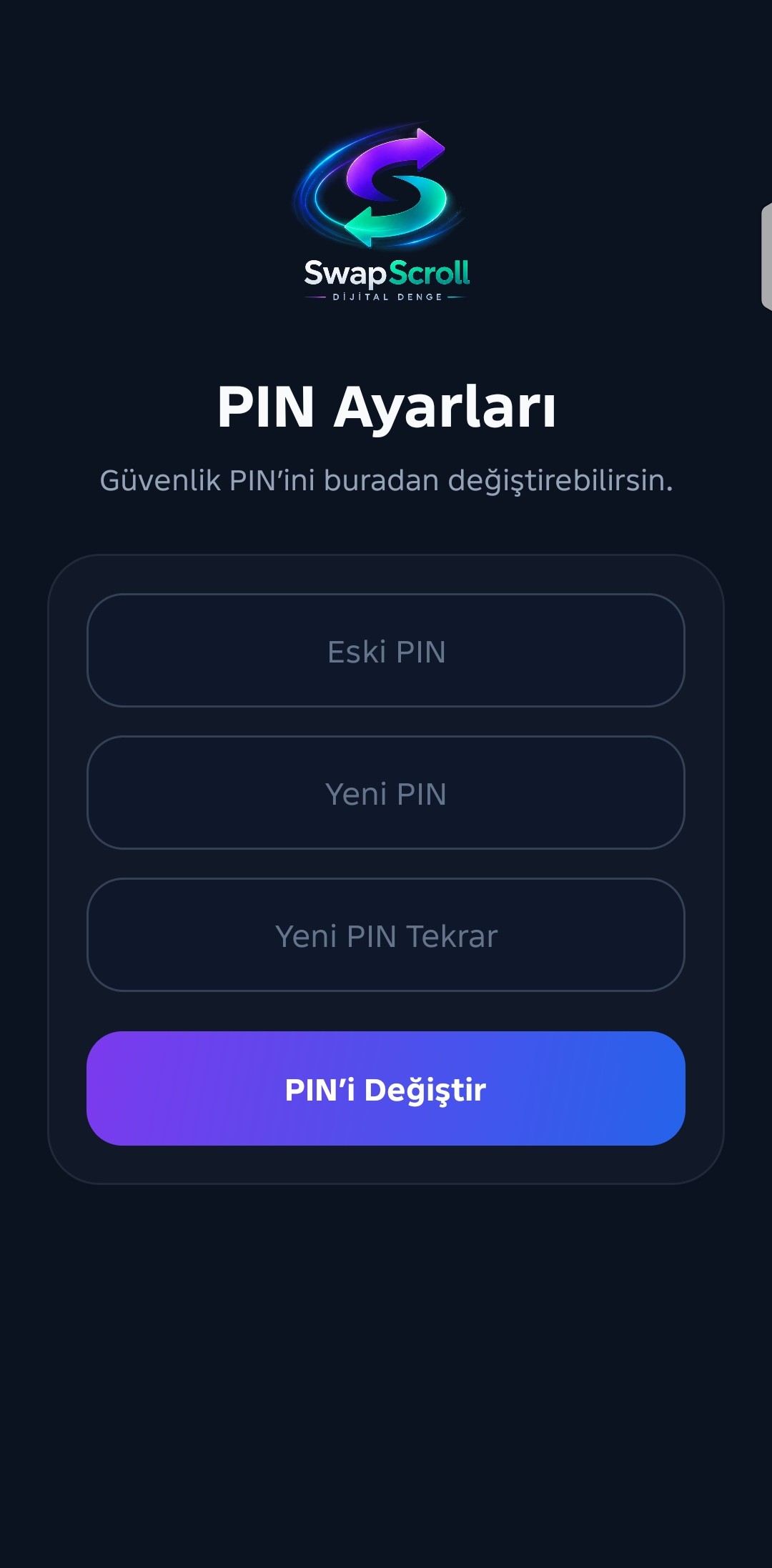 SwapScroll PIN ayarları ekranı